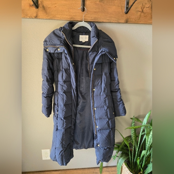 COLE HAAN Puffer Coat navy Gold S Long Length Winter Warm Apres Ski Down Fill - Picture 6 of 12